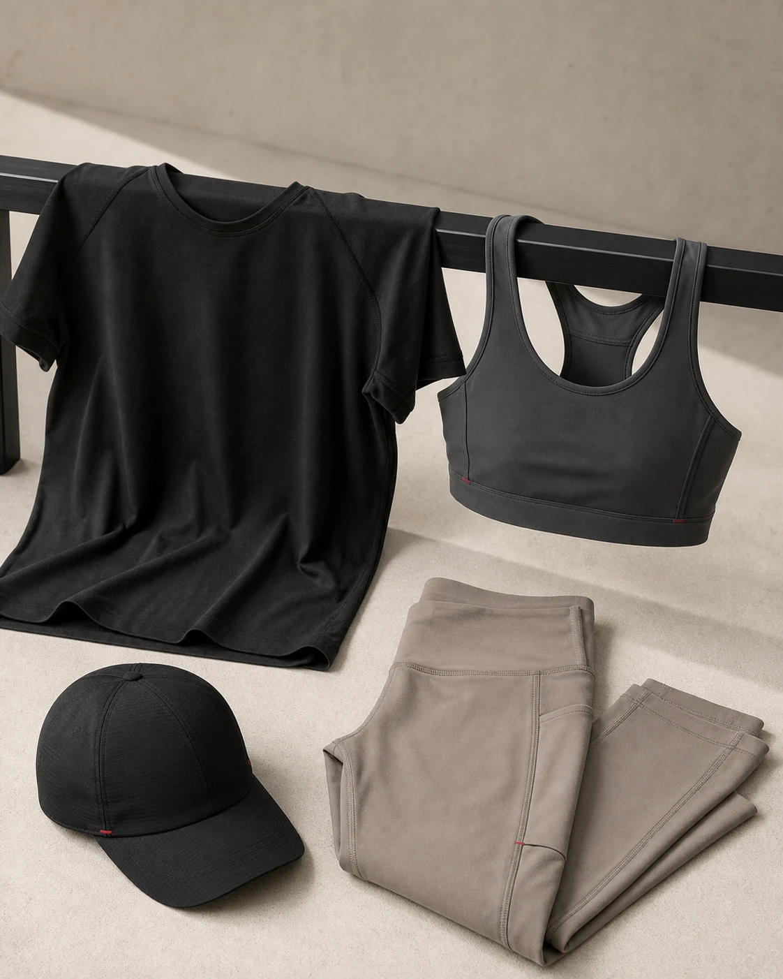 Performance essentials arranged in a minimal studio