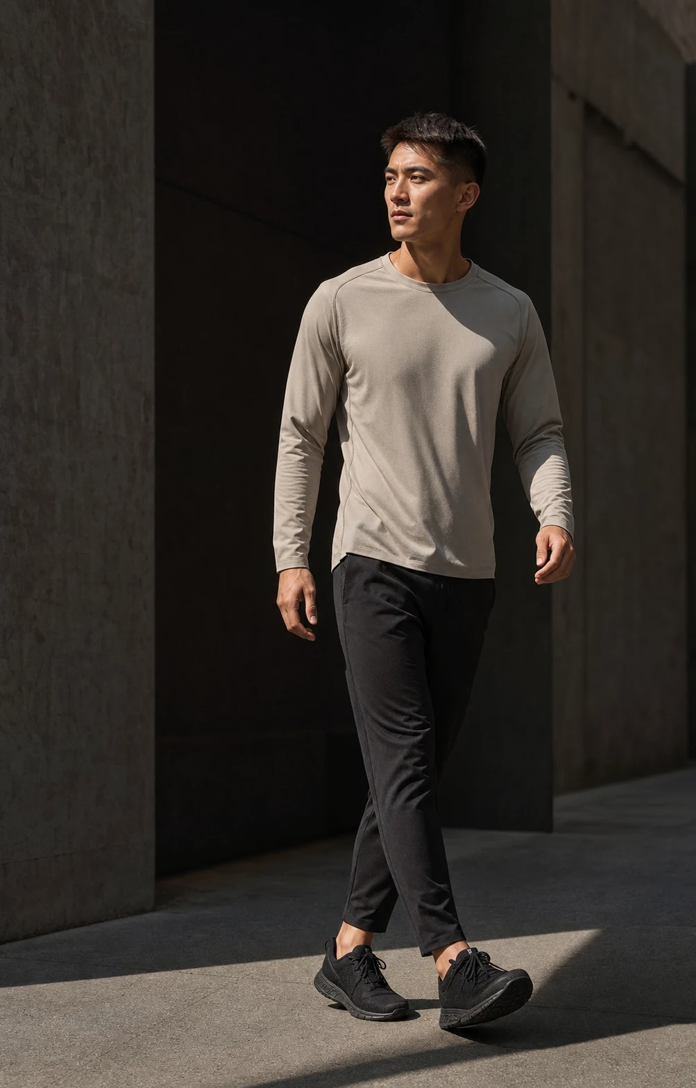 Athlete in a stone training top and black pants